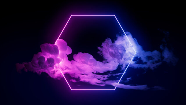 Cloud Formation Illuminated with Pink and Blue Fluorescent Light. Dark Environment with Hexagon shaped Neon Frame.