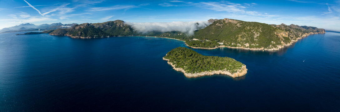 Spain, Balearic Islands, Port de Pollenca, Aerial panorama of Mediterranean coastline