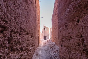 An alley in a semi deserted barbarian village in the atlas mountains along the road from marrakesh to the sahara desert