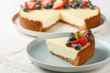Classical New York Cheesecake With Slice Cut Out. Closeup View. Horizontal