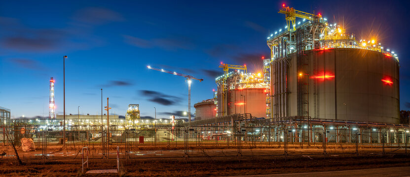 LNG storage tank at night-panorama.
