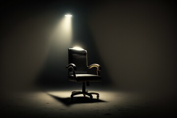 An office chair in a beam of studio light in the middle of a dark room, a cinematic scene. Free vacancy concept, leadership, ideal candidate. AI generated.