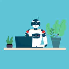 Robot online assistance and machine learning. Flat vector illustration of futuristic robot working with laptop for coding or developing project. Chatbot texting and supporting customers in live chat,