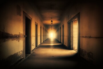 A long corridor in the old prison. A gloomy interior with shabby walls. A dilapidated, abandoned building, a dreadful, hopeless backdrop. AI generated