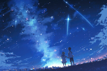 Fototapeta premium Boy and girl looking up at the starry sky and the Milky Way, Generative AI