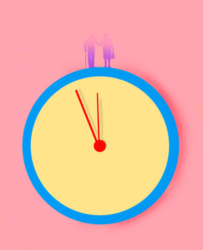 Senior couple on clock against pink background