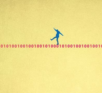 Computer programmer walking on binary codes
