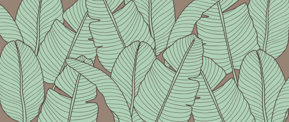 Vector tropical illustration with green banana leaves on a brown background for decor, covers, backgrounds, wallpapers, presentations. Background for text