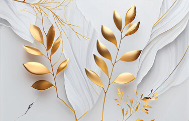 White background and gold art marble abstract art background. Golden line art flower and leaves organic shapes, Wallpaper design, Wall art for home decor and prints.