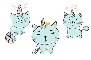 Vector illustration of cute white cat unicorn or caticorn life activity planner including working, shopping, cooking, driving, working out, etc.