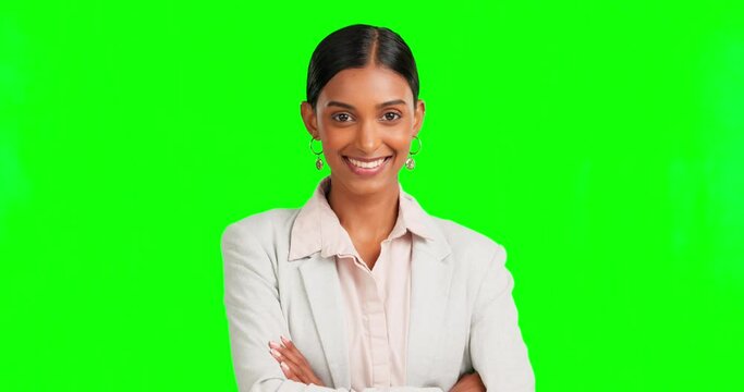 Business woman, face or arms crossed on green screen for about us, company profile picture or isolated management. Smile, happy or confident corporate portrait of person, worker or employee on mockup