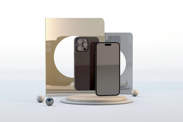 two iPhone 15 pro on modern podium