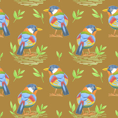 Seamless pattern of birds drawn by colored pencils. On a mustard background. For fabric, sketchbook, wallpaper, wrapping paper.