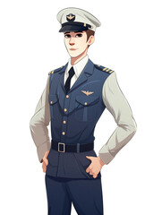 Obraz premium Cartoon style illustration of a pilot looking handsome standing in his flight uniform with a white background behind him. Uniforms vary by airline and rank.
