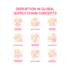 Disruption in global supply chain red gradient concept icons set. International logistics idea thin line color illustrations. Isolated symbols. Roboto-Medium, Myriad Pro-Bold fonts used