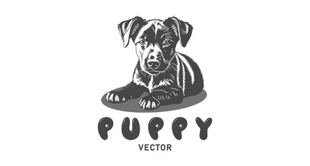 Vector monochrome lying cute kind friendly little pooch puppy. Logo, sticker or icon on a white isolated background.