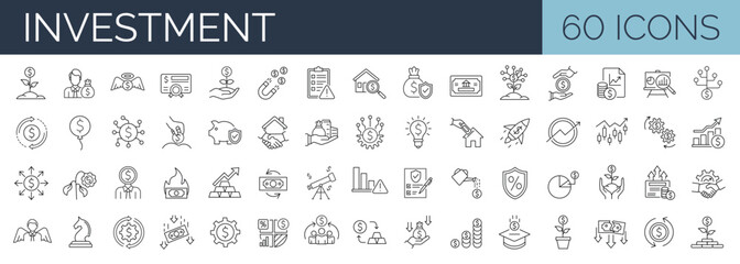 Fototapeta na wymiar Set of 60 line icons related to investment, investor, risk management, economy, financial gain, money, coins symbols. Outline icon collection. Editable stroke. Vector illustration