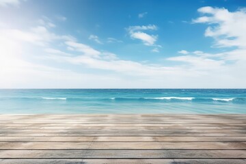 Fototapeta na wymiar wooden deck overlooking the vast ocean. Generative AI