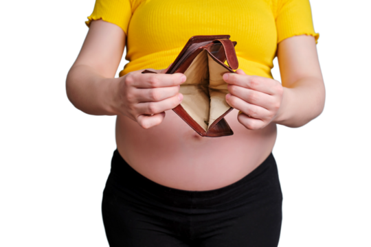 Empty wallet without money in the hands of a pregnant woman, isolated on a white background