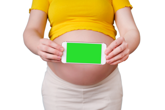 Green phone screen in the hands of a pregnant woman, mockup, isolated on a white background