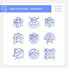 Opportunities of STEM education pixel perfect gradient linear vector icons set. Innovative scientific methods. Thin line contour symbol designs bundle. Isolated outline illustrations collection