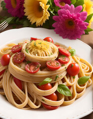 Homemade pasta with herbs, cherry tomatoes, cheese, food decorations and flowers - 585681521