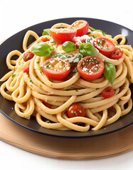 Homemade pasta with herbs, cherry tomatoes, cheese, food decorations