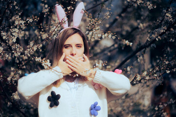 Woman Wearing Easter Bunny Ears Covering her Mouth. Person feeling sick after overeating at Easter...