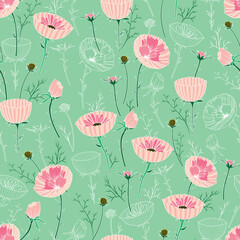 Raster illustration. Cupcake blush cosmos pattern on mint green background seamless repeat pattern.