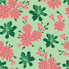 Vector illustration. Pink Lewisia flower seamless repeat pattern with leaves on mint green background.