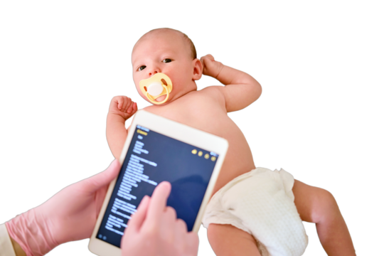 Doctor takes notes on a digital tablet on the treatment of a newborn baby, isolated on a white background. Kid aged two months