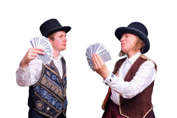 Man and woman artists with playing cards on isolated on a white background