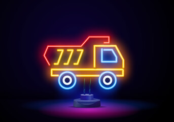 Neon truck element. The concept of delivery of large loads, transport. Retro light sign on dark background