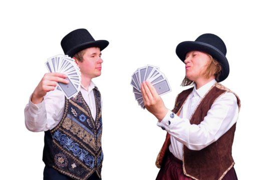 Man and woman artists with playing cards on isolated on a white background