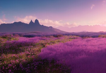 Fototapeta na wymiar purple bed in nature with stunning views of the sea and mountains. Generative AI