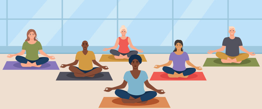 Multiethnic group men and women sitting together in the lotus position. People practicing meditation and yoga, healthy lifestyle and spirituality. Yoga class concept. Flat vector illustration