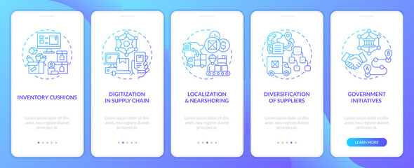 Key supply chain strategy blue gradient onboarding mobile app screen. Business walkthrough 5 steps graphic instructions with linear concepts. UI, UX, GUI template. Myriad Pro-Bold, Regular fonts used