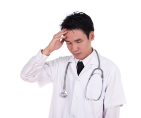 Doctor hold the head with hand, worried, strain , headache on transparent background png file
