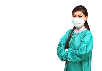 female doctor wearing a medical mask and stethoscope on transparent background png file