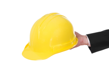 hand of engineer holding helmet on transparent background png file