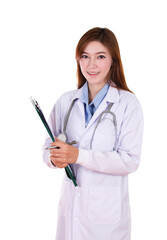 female doctor with medical report on transparent background png file