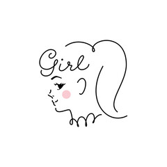 Girl in profile face, thin line drawing vector illustration