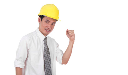 happy engineer celebrating with arm raised, concept of successful on transparent background png file