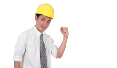 happy engineer celebrating with arm raised, concept of successful on transparent background png file