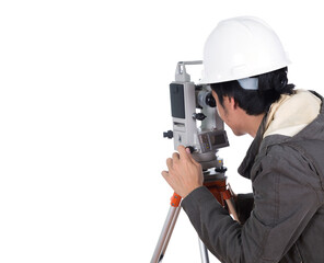 engineer working with survey equipment theodolite on a tripod. on transparent background png file