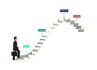 business man stepping on stair with product life cycle concept on transparent background png