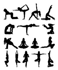 set of sihouette woman doing yoga exercise on transparent background png file