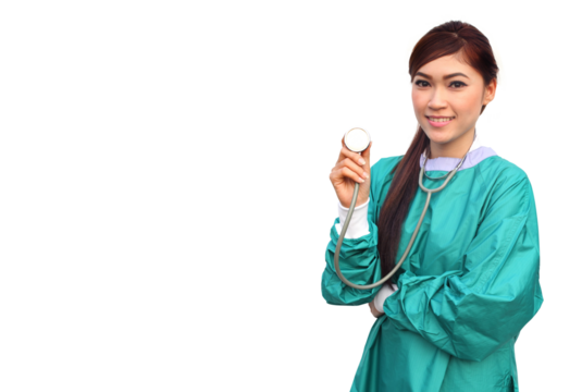 female doctor wearing a green scrubs and stethoscope on transparent background png - Powered by Adobe