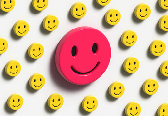 Happy faces on white background. Positive mood, 3D Render