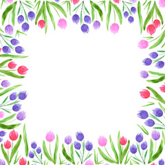 Abstract flowers boarder frame. Hand drawn watercolor tulip, poppy, rose, hyacinth, daisy isolated on white background. Can be used for wrapping, patterns, textile.